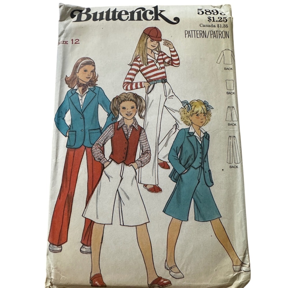 Butterick Sewing Pattern 5893 Girls Size 12 Jacket Vest Pants New‎ Uncut 70s